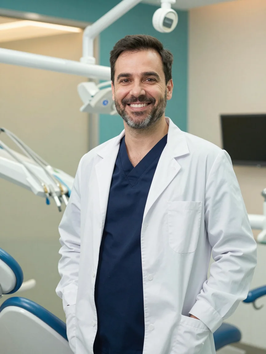 Retrato profissional de dentista masculino em clínica moderna