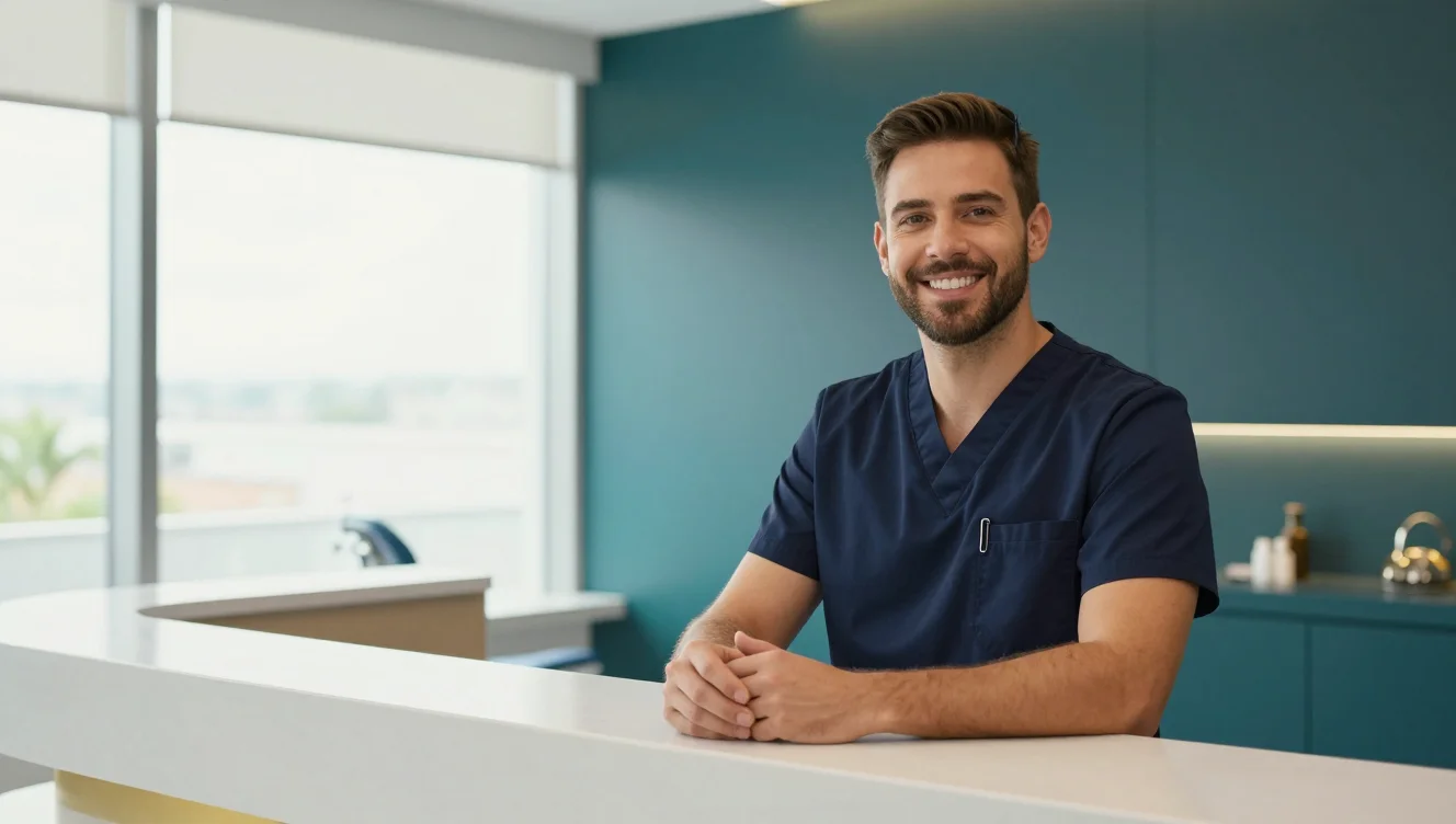 Ambiente premium de clínica odontológica em tons navy e teal
